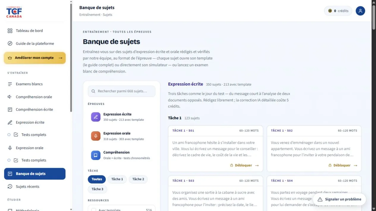 Écran réel de la banque de sujets