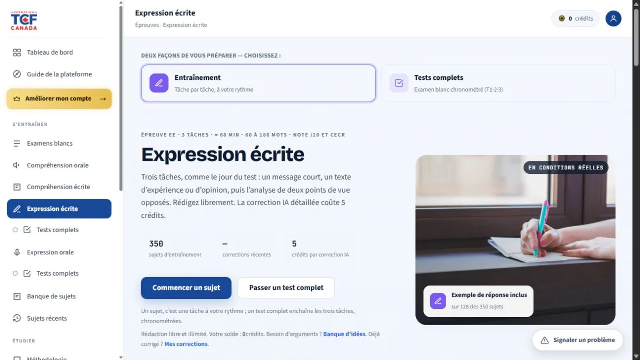Écran réel de la préparation à l’expression écrite