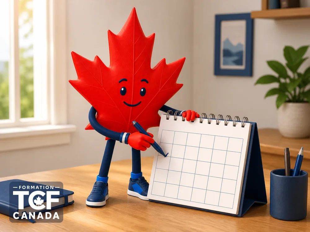 Illustration de la mascotte Formation TCF Canada en situation, pour accompagner l'article « Plan de revision TCF Canada en 1 mois » sur le TCF Canada.