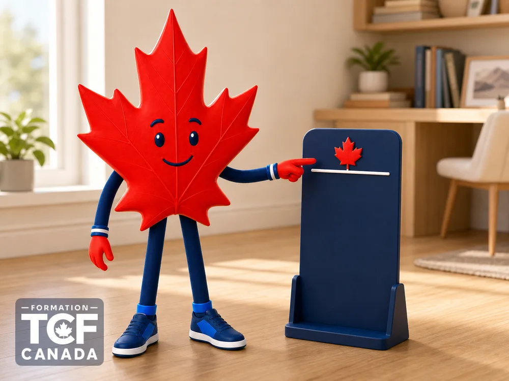 La mascotte pointe un seuil avec un repère feuille d'érable au sommet.