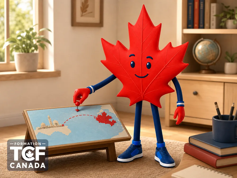 La mascotte place une épingle reliant un motif de Casablanca au Canada.