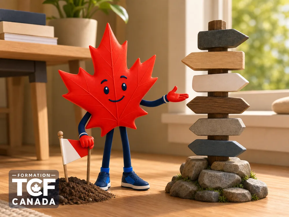 La mascotte plante un petit drapeau près d'un repère de sentier avancé.