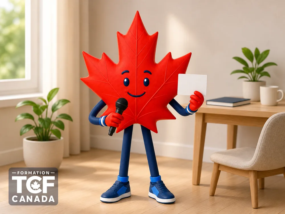 Illustration de la mascotte Formation TCF Canada en situation, pour accompagner l'article « Sujets d'expression orale frequents au TCF Canada » sur le TCF Canada.