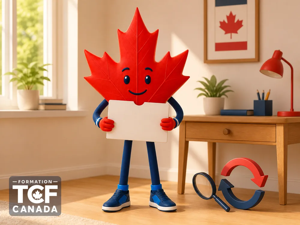 La mascotte tient une pochette d'attestation avec une loupe et un motif de renouvellement.