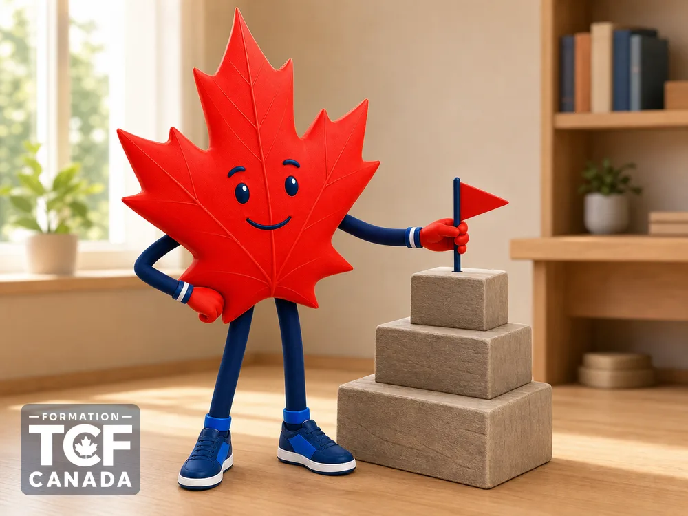 La mascotte plante un drapeau sur un repère de sentier, visant plus haut.