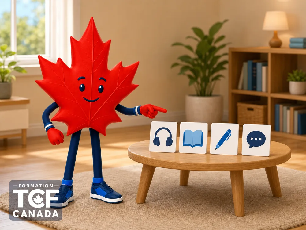 Illustration de la mascotte Formation TCF Canada en situation, pour accompagner l'article « Structure et epreuves du TCF Canada » sur le TCF Canada.