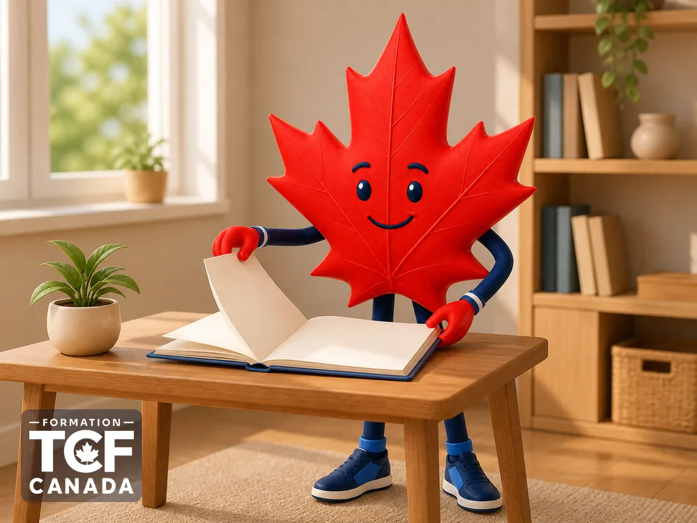Illustration de la mascotte Formation TCF Canada en situation, pour accompagner l'article « Preparer le TCF Canada quand on est debutant » sur le TCF Canada.