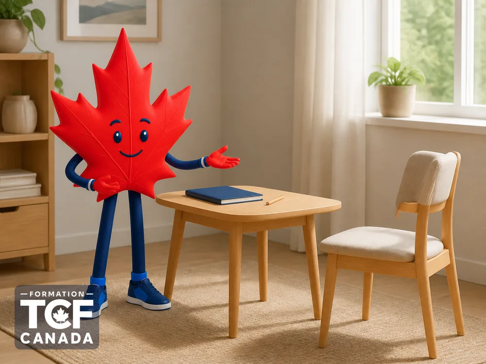 Illustration de la mascotte Formation TCF Canada en situation, pour accompagner l'article « Expression orale tache 2 : methode et exemple » sur le TCF Canada.