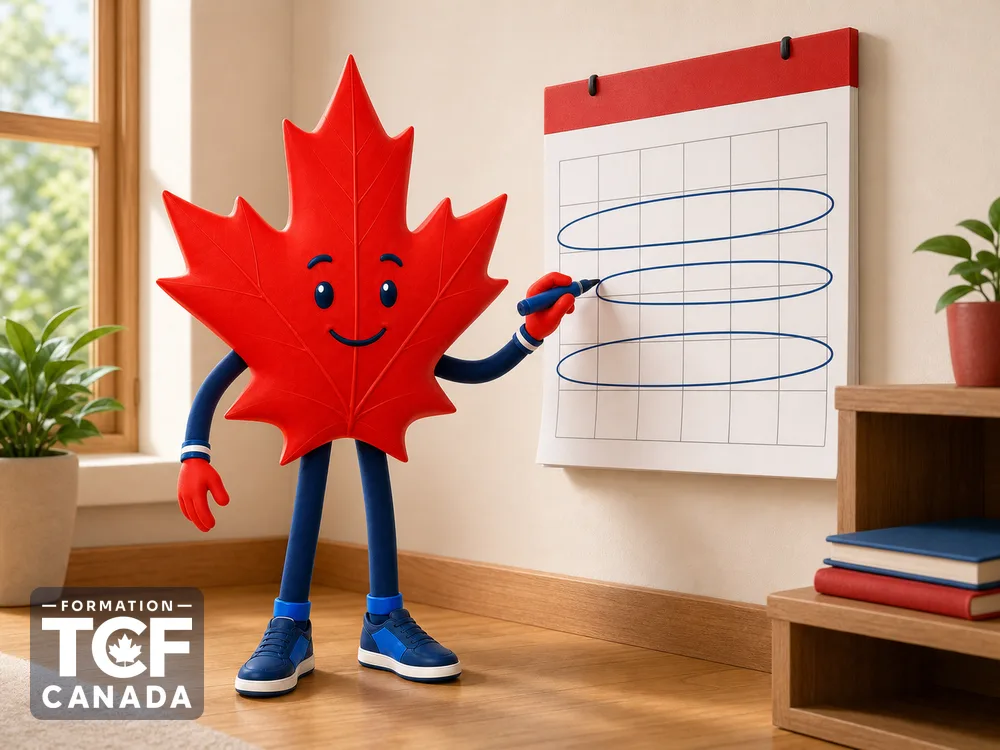 Illustration de la mascotte Formation TCF Canada en situation, pour accompagner l'article « Combien de temps pour preparer le TCF Canada » sur le TCF Canada.