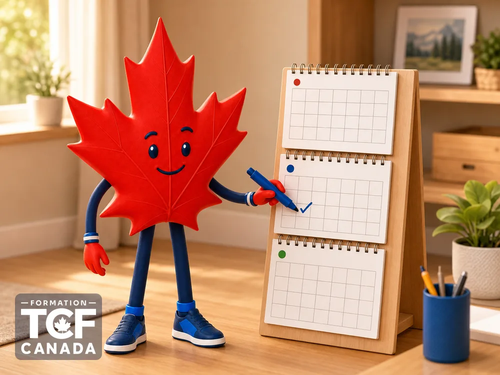 Illustration de la mascotte Formation TCF Canada en situation, pour accompagner l'article « Plan de revision TCF Canada en 3 mois » sur le TCF Canada.