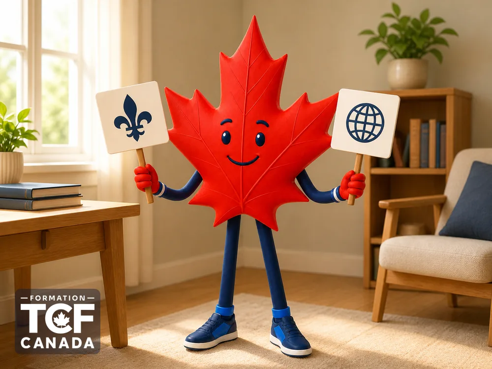La mascotte compare deux cartes-panneaux, l'une avec une fleur de lys, l'autre avec un globe.