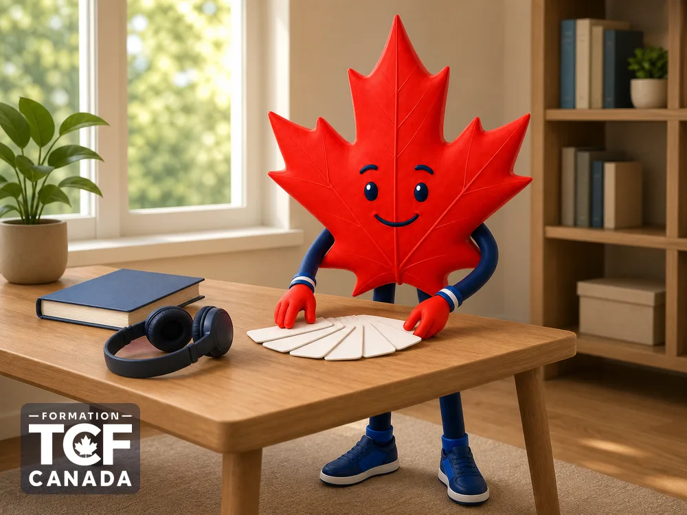 La mascotte organise des tuiles d'applications, un livre et un casque sur un bureau.