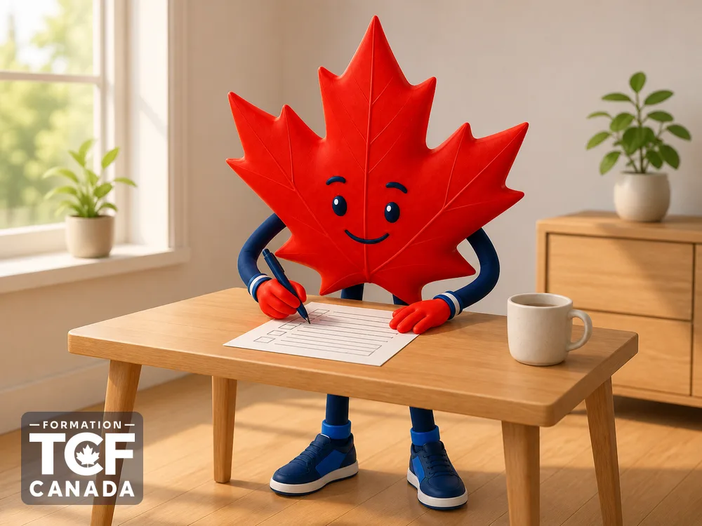 Illustration de la mascotte Formation TCF Canada en situation, pour accompagner l'article « Expression ecrite du TCF Canada : methodologie » sur le TCF Canada.