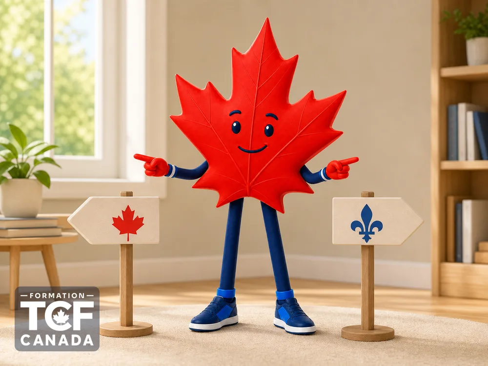 Illustration de la mascotte Formation TCF Canada en situation, pour accompagner l'article « TCF Canada ou TCF Quebec : quelle difference » sur le TCF Canada.