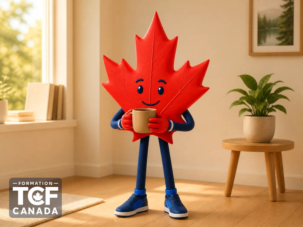 Illustration de la mascotte Formation TCF Canada en situation, pour accompagner l'article « Gerer le stress le jour du TCF Canada » sur le TCF Canada.