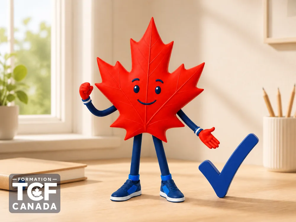 Illustration de la mascotte Formation TCF Canada en situation, pour accompagner l'article « Reussir le TCF Canada du premier coup » sur le TCF Canada.