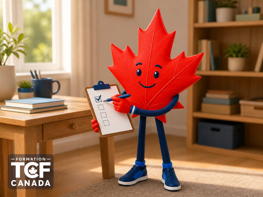 Illustration de la mascotte Formation TCF Canada en situation, pour accompagner l'article « Repasser le TCF Canada apres un echec » sur le TCF Canada.