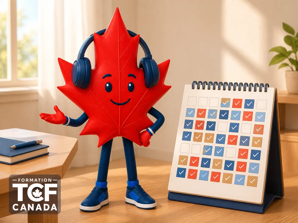 La mascotte au casque à côté d'un calendrier marqué comme un mois intensif.