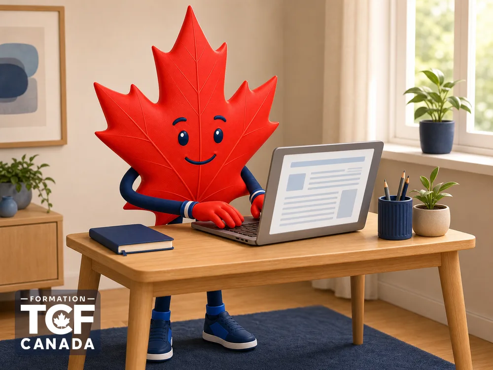 Illustration de la mascotte Formation TCF Canada en situation, pour accompagner l'article « Expression ecrite tache 2 : methode et exemple » sur le TCF Canada.