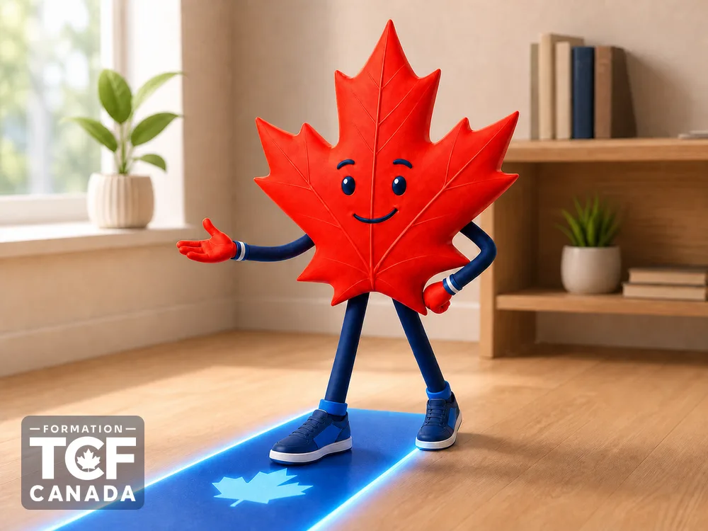 La mascotte s'engage sur une voie rapide marquée d'une feuille d'érable.