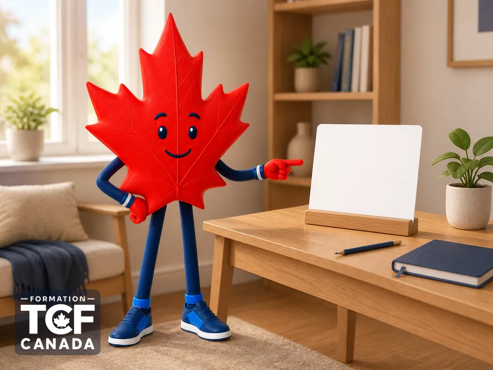 Illustration de la mascotte Formation TCF Canada en situation, pour accompagner l'article « Comment utiliser les sujets recents pour reviser » sur le TCF Canada.
