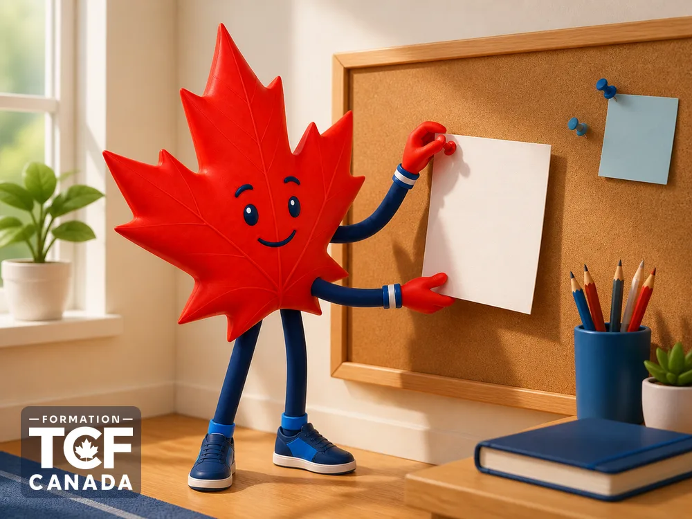 Illustration de la mascotte Formation TCF Canada en situation, pour accompagner l'article « Sujets recents du TCF Canada » sur le TCF Canada.