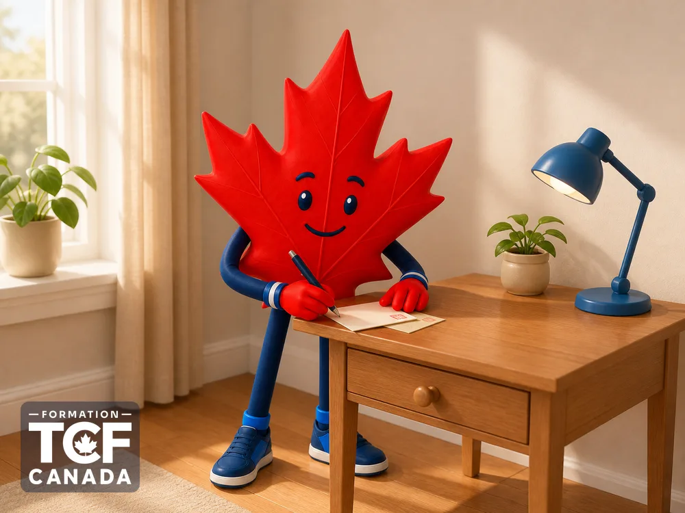 Illustration de la mascotte Formation TCF Canada en situation, pour accompagner l'article « Expression ecrite tache 1 : methode et exemple » sur le TCF Canada.