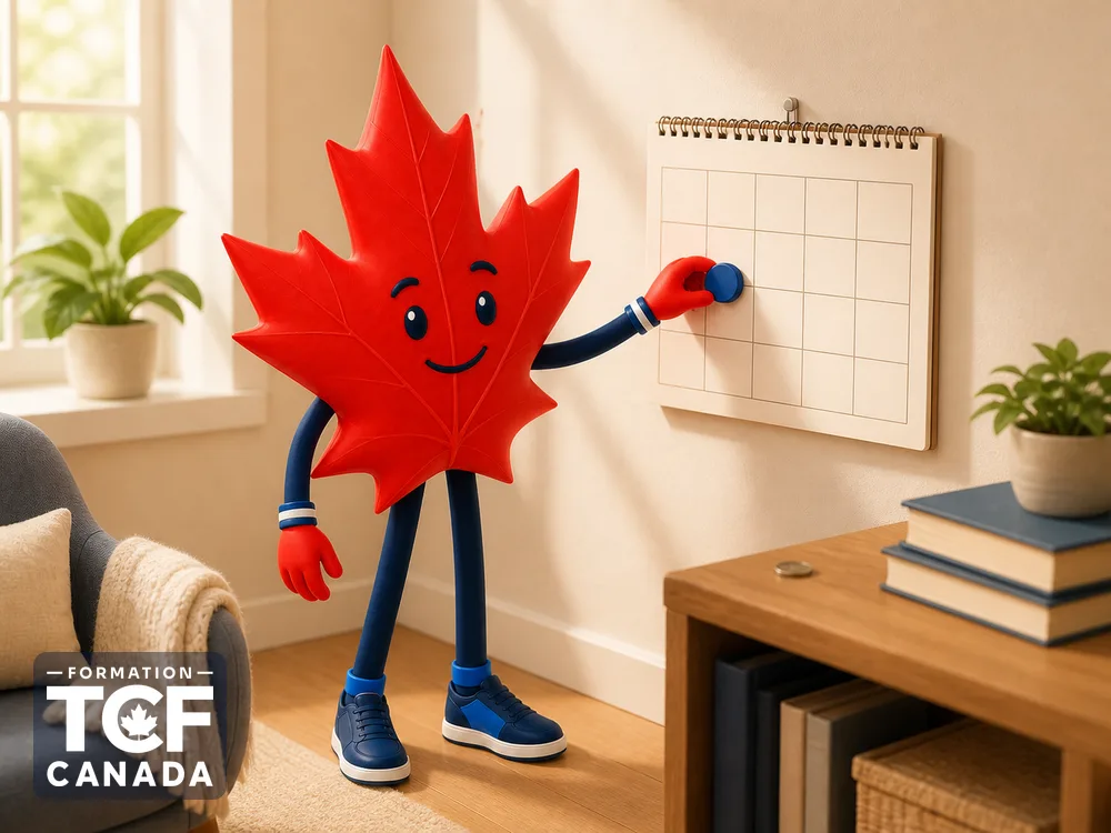 La mascotte déplace un repère de date sur un calendrier mural avec une petite pièce.