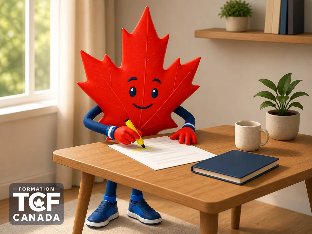 Illustration de la mascotte Formation TCF Canada en situation, pour accompagner l'article « Ameliorer sa comprehension ecrite pour le TCF Canada » sur le TCF Canada.