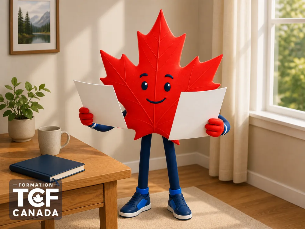 Illustration de la mascotte Formation TCF Canada en situation, pour accompagner l'article « Expression ecrite tache 3 : methode et exemple » sur le TCF Canada.