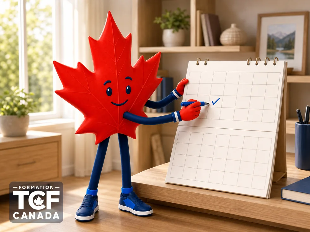 Illustration de la mascotte Formation TCF Canada en situation, pour accompagner l'article « Plan de revision TCF Canada en 2 mois » sur le TCF Canada.