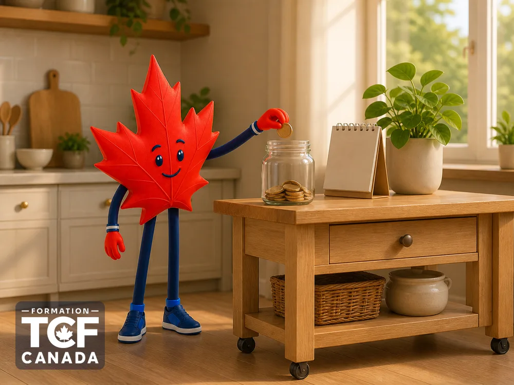 Illustration de la mascotte Formation TCF Canada en situation, pour accompagner l'article « Combien coute le TCF Canada » sur le TCF Canada.