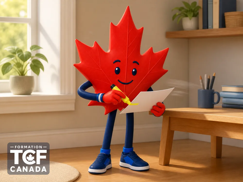 La mascotte parcourt une page avec un surligneur et un motif de mouvement rapide.