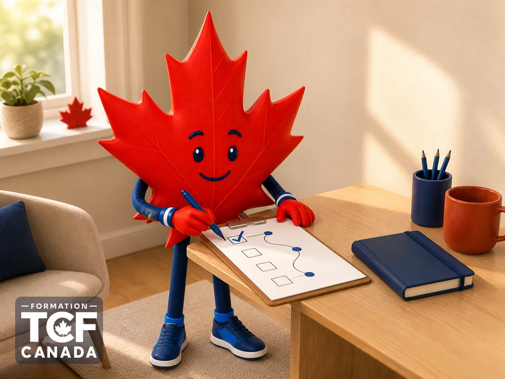 Illustration de la mascotte Formation TCF Canada en situation, pour accompagner l'article « TCF Canada : le guide complet » sur le TCF Canada.