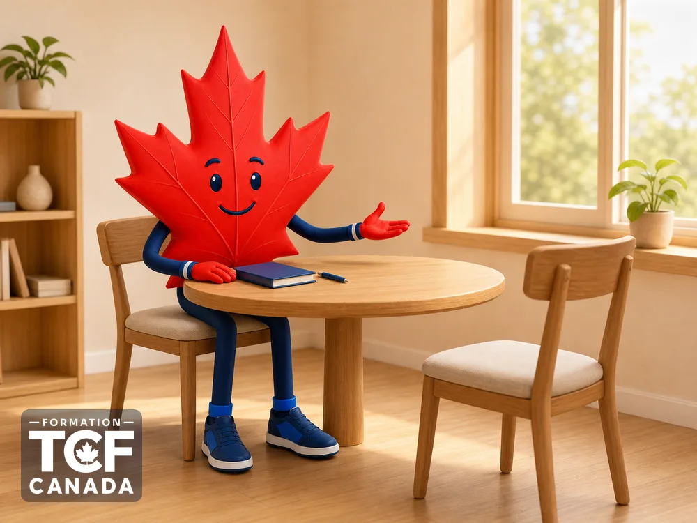 Illustration de la mascotte Formation TCF Canada en situation, pour accompagner l'article « Expression orale tache 1 (entretien dirige) » sur le TCF Canada.