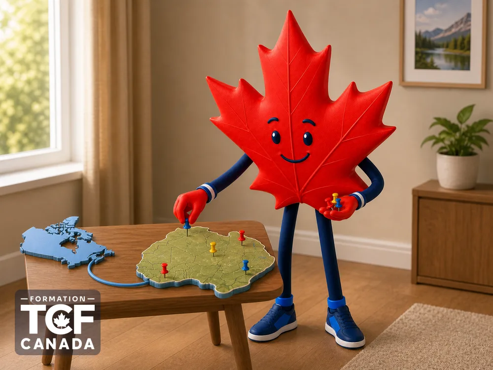 La mascotte place plusieurs épingles sur une carte de l'Afrique de l'Ouest reliée au Canada.