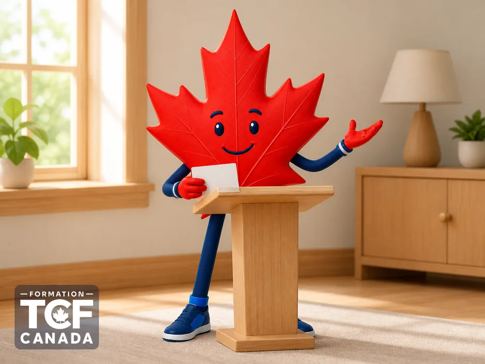 Illustration de la mascotte Formation TCF Canada en situation, pour accompagner l'article « Expression orale tache 3 : methode et exemple » sur le TCF Canada.
