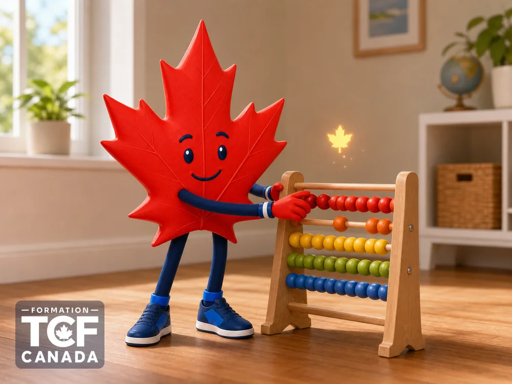 La mascotte fait glisser des billes sur un boulier près d'une étincelle feuille d'érable.
