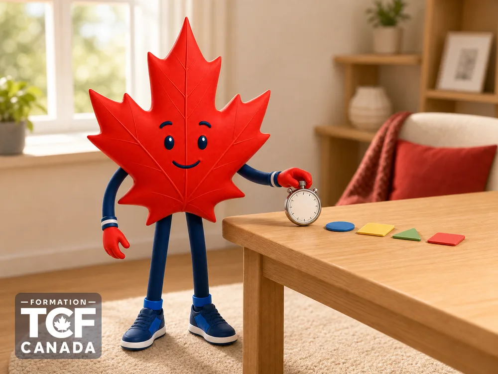 La mascotte règle un petit chronomètre à côté de quatre repères de tâches.