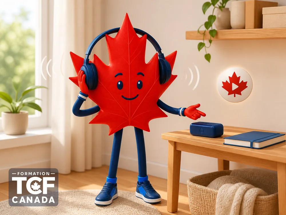 La mascotte au casque avec des ondes sonores et une petite icône audio feuille d'érable.