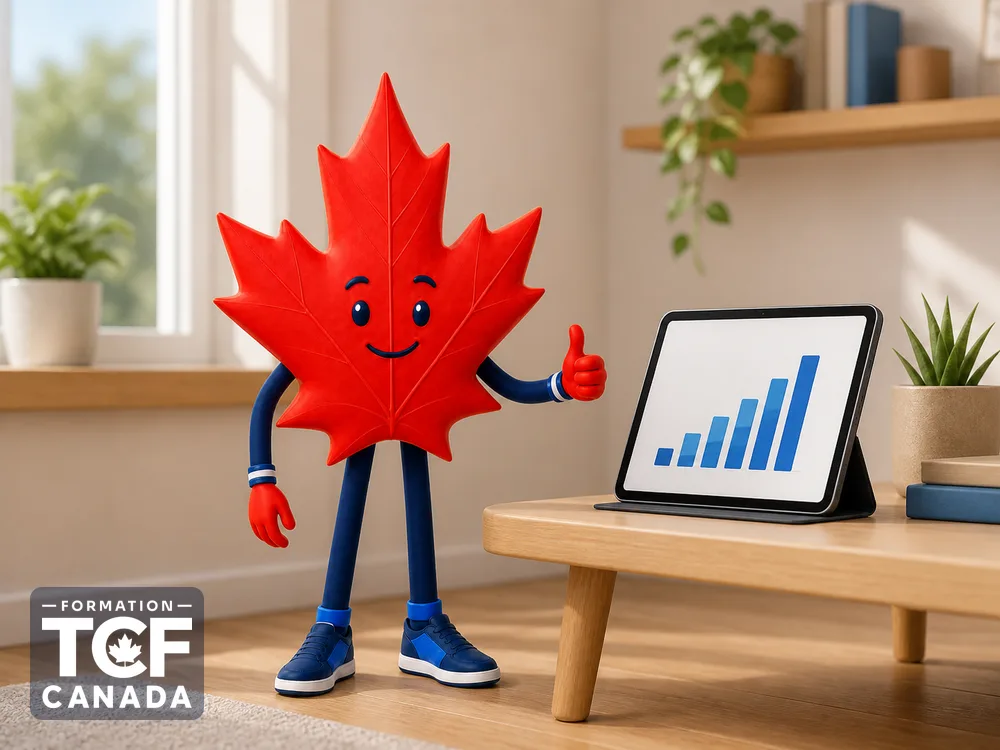 Illustration de la mascotte Formation TCF Canada en situation, pour accompagner l'article « Score TCF Canada et niveaux NCLC : quel score viser » sur le TCF Canada.