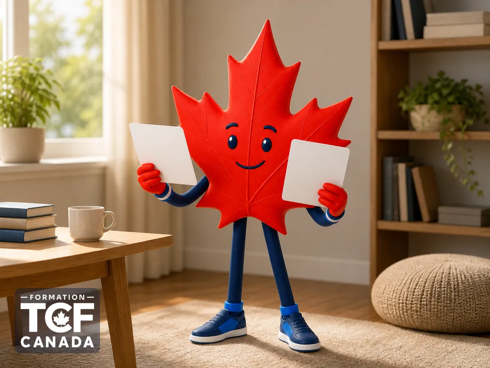 Illustration de la mascotte Formation TCF Canada en situation, pour accompagner l'article « Quel test de francais pour immigrer au Canada » sur le TCF Canada.