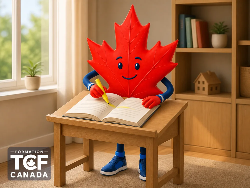 Illustration de la mascotte Formation TCF Canada en situation, pour accompagner l'article « Comprehension ecrite TCF Canada : methode » sur le TCF Canada.