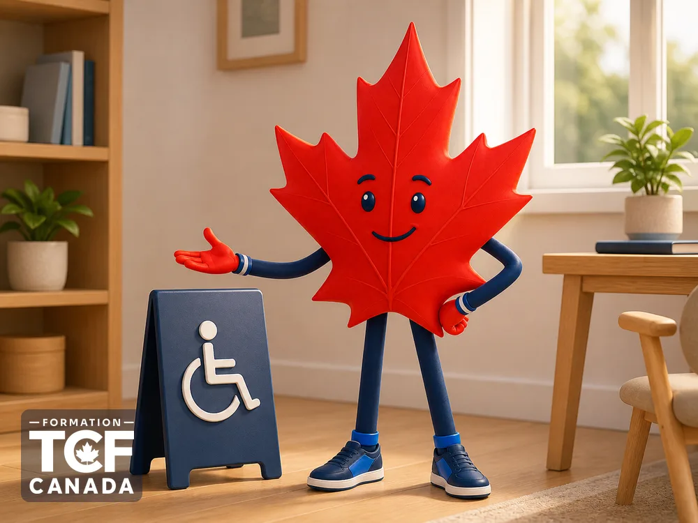 La mascotte à côté d'un panneau avec un symbole d'accessibilité, un geste d'accueil.