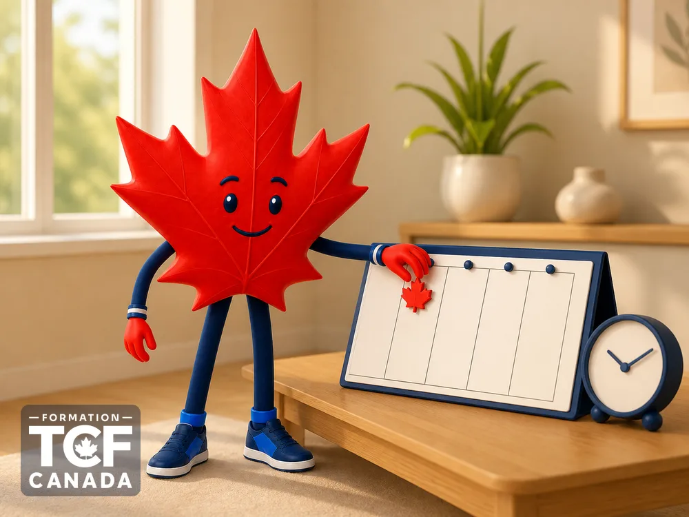 La mascotte place un repère feuille d'érable sur une petite ligne du temps près d'une horloge.