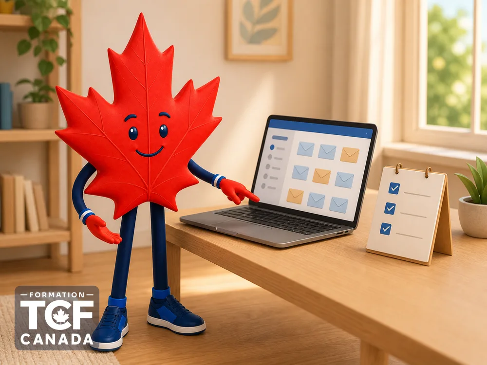 La mascotte vérifie une boîte courriel sur un portable à côté d'une liste rassurante.