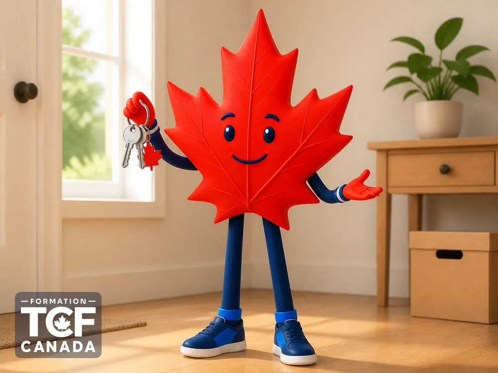 Illustration de la mascotte Formation TCF Canada en situation, pour accompagner l'article « Quel test de francais pour l'Entree express » sur le TCF Canada.