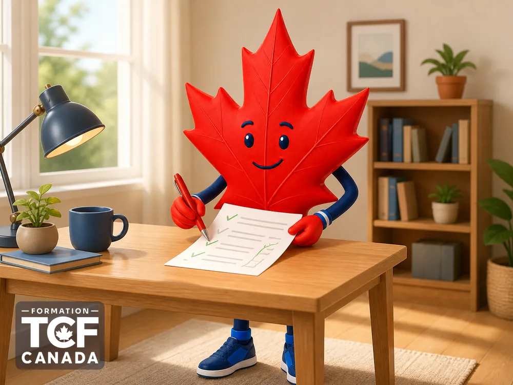 La mascotte corrige une copie d'expression écrite avec un stylo rouge et des coches vertes.