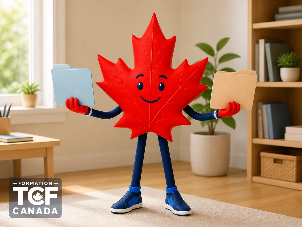 Illustration de la mascotte Formation TCF Canada en situation, pour accompagner l'article « TCF Canada ou TEF Canada : lequel choisir » sur le TCF Canada.