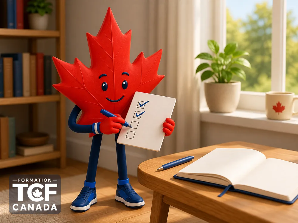 La mascotte coche une liste de vérification à côté d'un stylo et d'un cahier.